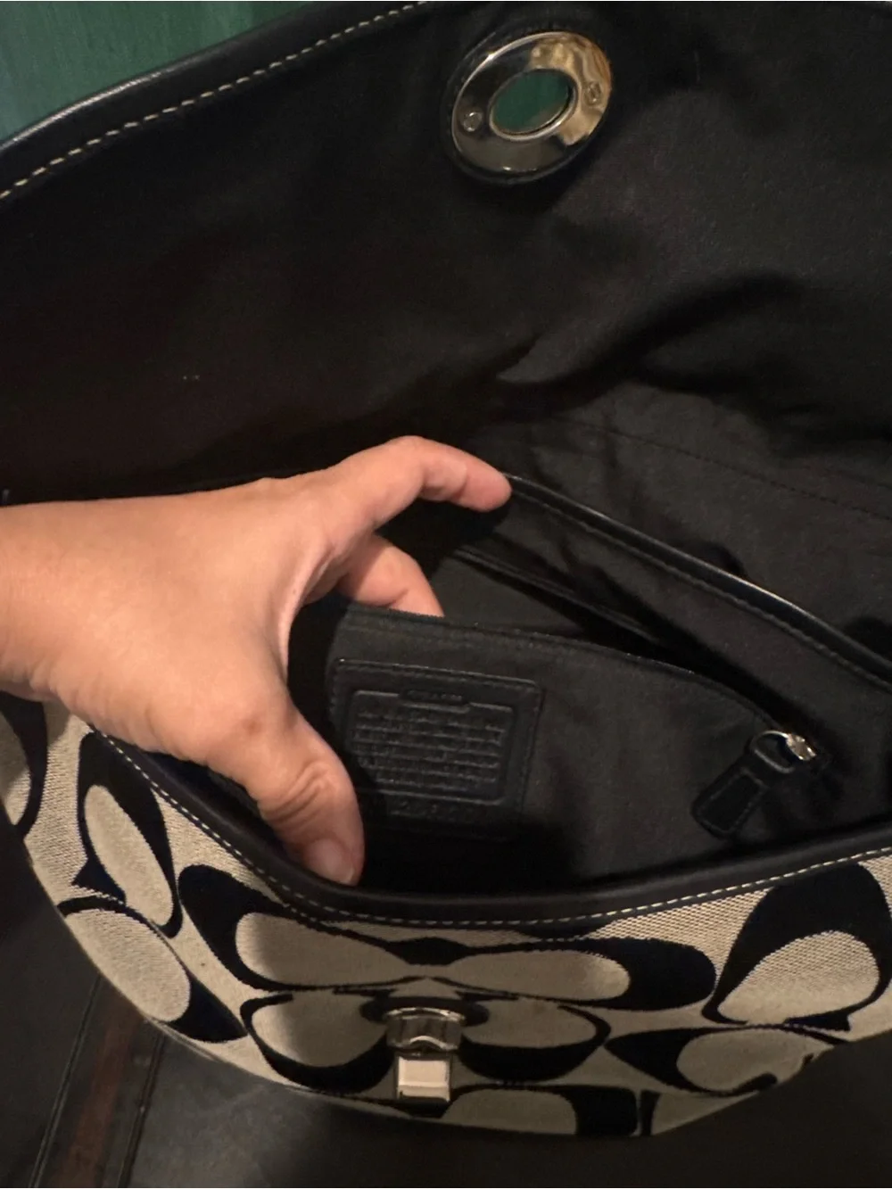 Coach Black and Cream Signature Canvas Shoulder Bag with Turn-Lock